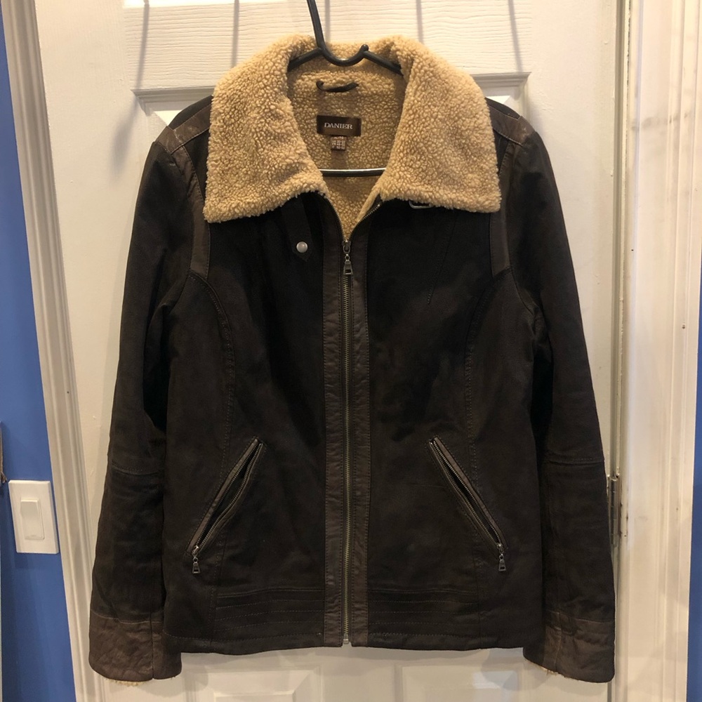 Danier Vintage Dark Brown Leather Sherpa Lined Jacket XL